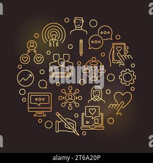 Blogger or Blogging vector round concept golden outline illustration on dark background Stock Vector