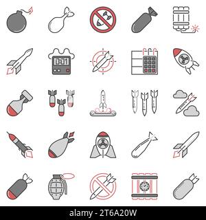 Airstrike and Missile vector concept colored icons collection. Nuclear bomb and dynamite signs Stock Vector