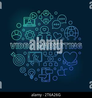 Video Marketing vector round colorful linear illustration on dark background Stock Vector