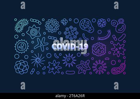 COVID-19 Coronavirus outline colored vector horizontal banner on dark background Stock Vector