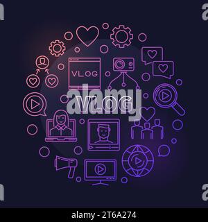 Vlog vector circular concept modern colorful outline illustration on dark background Stock Vector
