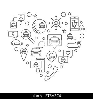 Taxi icons in heart Shape - vector Taxi Service concept outline illustration Stock Vector