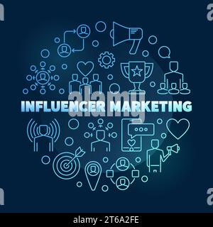 Influencer Marketing vector circular blue concept outline illustration on dark background Stock Vector