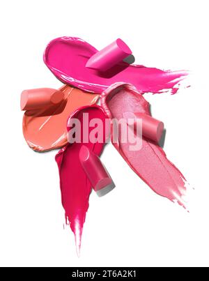 Red pink orange shimmering lipstick glossy texture strokes with lipstick bullets isolated on white background. Cosmetic product swatch Stock Photo