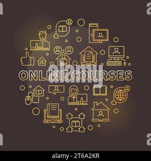Vector Online Courses concept round golden linear illustration on dark background Stock Vector