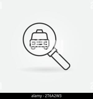 Taxi Search outline icon. Car in Magnifier vector concept linear design element Stock Vector