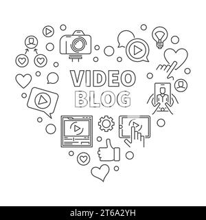 Video Blog Heart vector concept blue illustration in thin line style Stock Vector