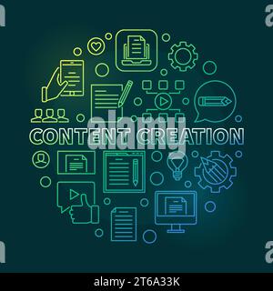 Content Creation vector round concept colored linear illustration on dark background Stock Vector