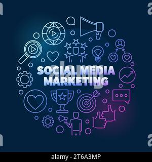 Social Media Marketing vector round colorful concept linear illustration on dark background Stock Vector