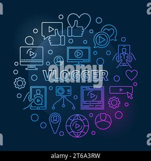 Vlogger vector round colored illustration in outline style on dark background Stock Vector