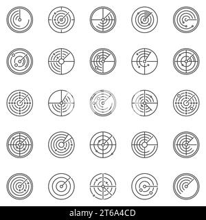 Radar round outline icons set. Vector Radio Waves Detection concept symbols in thin line style Stock Vector