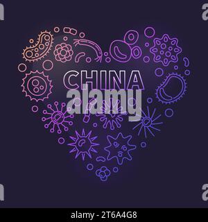China and Viruses Heart vector concept linear colored illustration on dark background Stock Vector