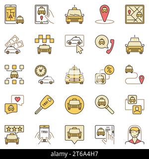 Taxi colored vector icons set. Taxi Service concept creative signs or logo elements Stock Vector