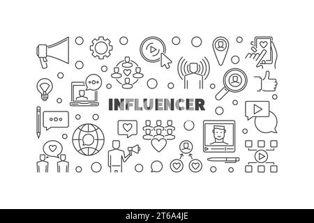 Influencer vector concept simple horizontal banner or illustration in thin line style Stock Vector