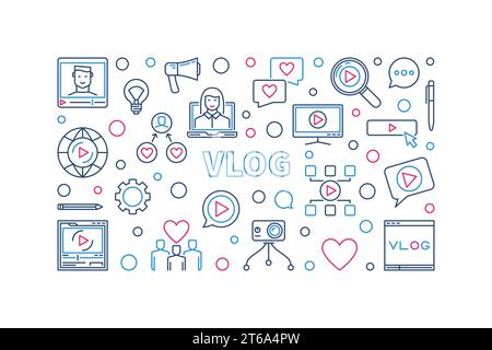 Vlog vector concept creative thin line horizontal illustration or banner Stock Vector