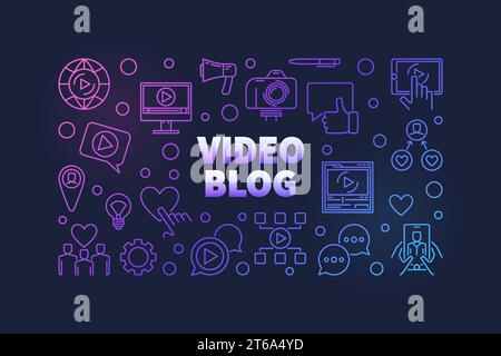 Video Blog vector concept colored outline horizontal illustration or banner Stock Vector