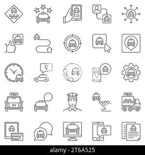 Taxi services icons set. Vector collection of taxi car, app, driver and navigation concept signs in thin line style Stock Vector