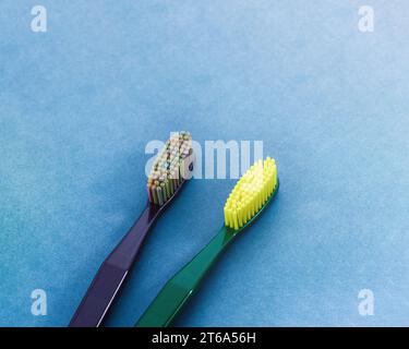 Several type of oral care tooth brushes, health care lifestyle concept. Stock Photo