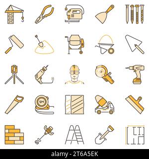 Building colored concept icons set. Construction creative signs or design elements Stock Vector
