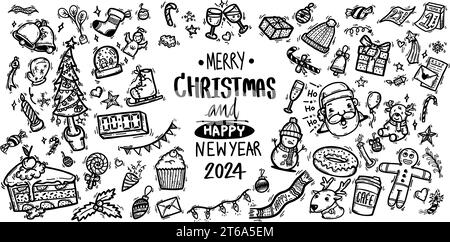 cute cartoon hand drawn collection of doodle Christmas ornament hand drawn set for Christmas holiday and new year eve 2024 party celebration Stock Vector