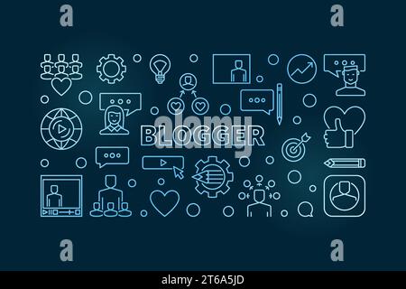 Blogger vector blue creative outline horizontal illustration or banner Stock Vector