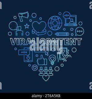 Viral Content Heart vector blue concept linear illustration on dark background Stock Vector