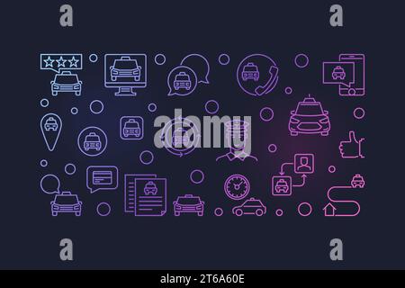 Vector Taxi concept outline colorful horizontal banner or illustration on dark background Stock Vector