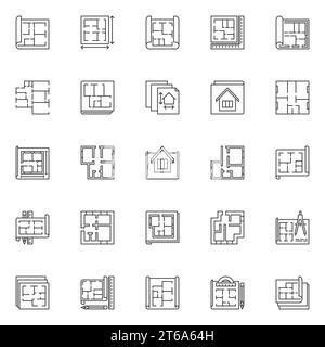 House Plan outline icons set. Vector House or Apartment Project On Blueprint concept line symbols or design elements Stock Vector