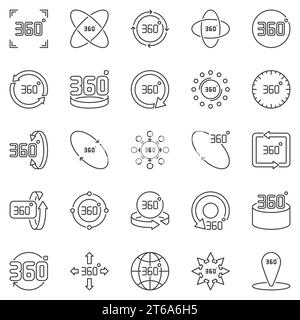 360 Degrees outline icons set. Vector 360 degree rotation concept symbols in thin line style Stock Vector
