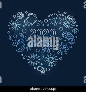 2020 pandemic or coronavirus vector concept outline blue Heart illustration on dark background Stock Vector