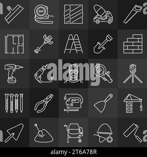 Construction minimal outline icons. Vector collection of Building or Builder linear symbols on dark background Stock Vector