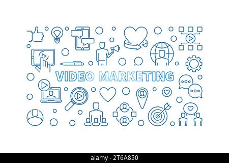 Video Marketing content vector minimal concept thin line horizontal illustration Stock Vector