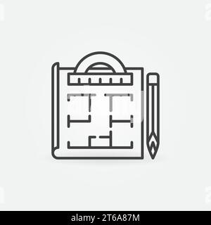 House Plan with Pencil and Protractor vector concept icon or sign in outline style Stock Vector