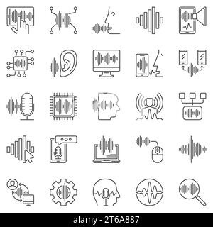 Speech and Voice Recognition outline icons set. Vector voice control, soundwave and other sound linear signs Stock Vector