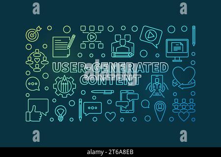 User-Generated Content outline colorful horizontal banner - vector UGC concept thin line illustration Stock Vector