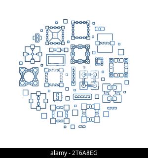 Block Chain or Blockchain Technology vector concept circular illustration or banner in outline style Stock Vector