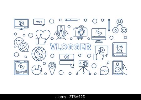 Vlogger vector creative horizontal illustration or banner in thin line style Stock Vector