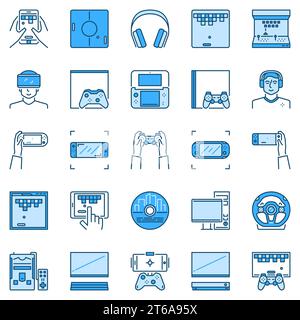 Video game creative icons set - computer, game console, gamepads concept symbols collection Stock Vector