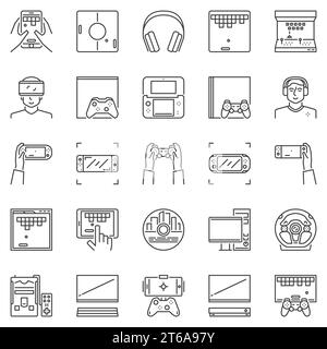 Video game outline vector icons set. PC, Home console, Mobile and Controllers concept symbols in thin line style Stock Vector