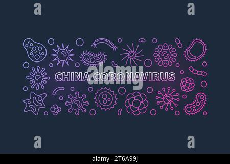 China Coronavirus vector concept colored thin line horizontal illustration on dark background Stock Vector