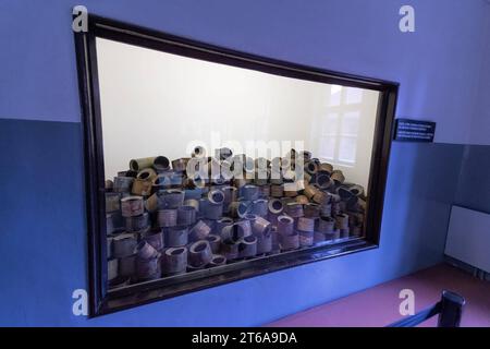 KZ Auschwitz In einer Glasvitrine liegen entleerte Zyklon-B-Dosen die in Auschwitz zur Tötung von Gefangenen durch vergasen verwendet wurden. *** Auschwitz concentration camp Empty Zyklon B cans used in Auschwitz to kill prisoners by gassing lie in a glass display case xMMx Credit: Imago/Alamy Live News Stock Photo