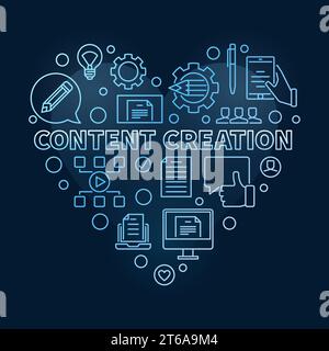 Content Creation Heart vector concept blue linear illustration on dark background Stock Vector