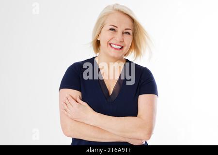 Happy modern middle age blonde woman - life style concept isolated on white Stock Photo