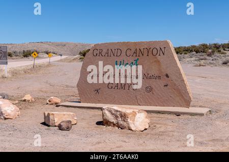 Entrance sign wlecoms visitors to Grand Canyon West near Peach Springs, Arizona Stock Photo