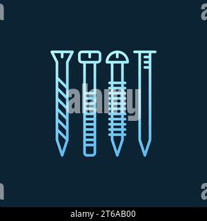Screw and nail vector concept outline blue icon in outline style on dark background Stock Vector