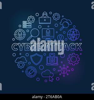 Vector Cyberattack round concept linear colorful illustration on dark background Stock Vector