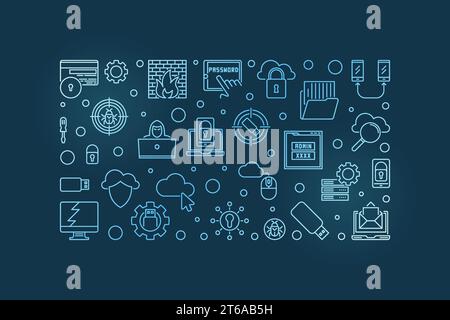 Computer Security Technology vector concept outline blue horizontal illustration or banner on dark background Stock Vector
