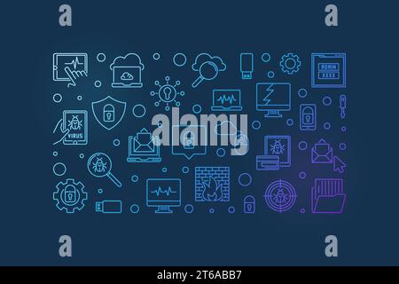 Cybersecurity and Computer Virus vector concept line horizontal illustration or banner on dark background Stock Vector