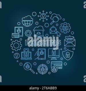 Vector Phishing circular concept linear blue illustration on dark background Stock Vector