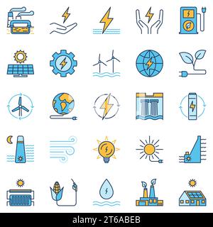 Clean Energy colored icons collection - vector Electric Power and Renewable Green Energy modern concept signs set Stock Vector